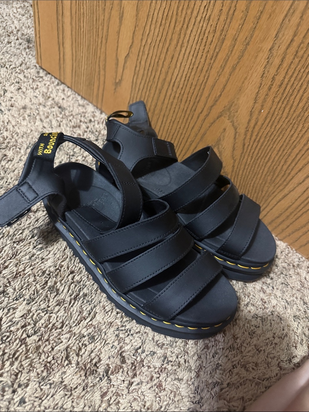 Dr. Martens Black Leather Strappy Platform Sandals with Yellow Stitching